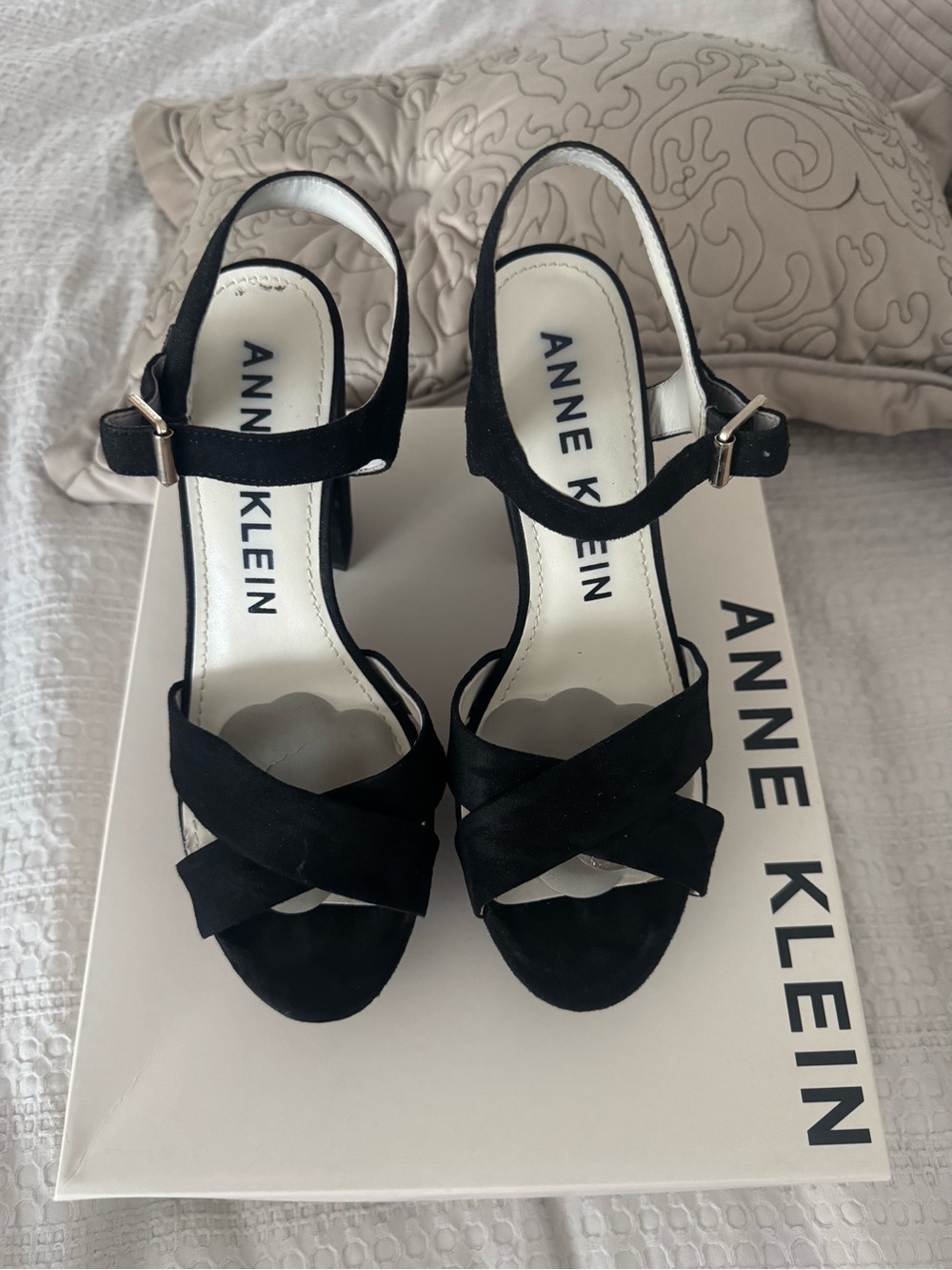 Anne Klein black faux suede lalima platform sandal Heels 8 - Picture 2 of 5